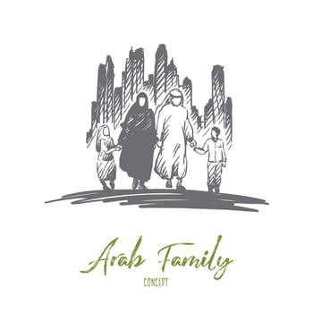 Arab, family, muslim, culture concept. Hand drawn traditonal arab family with children concept sketch. Isolated vector illustration.