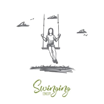 Girl, swinging, playing, fun, activity concept. Hand drawn girl swing and relax outdoor concept sketch. Isolated vector illustration.