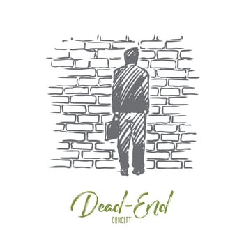 Dead end, problem, impasse, ponder concept. Hand drawn man stand in front of brick wall, symbol of dead-end concept sketch. Isolated vector illustration.