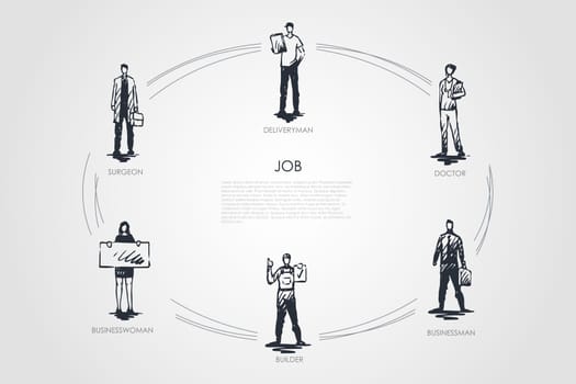 Job - surgeon, deliveryman, doctor, businessman, builder, businesswoman vector concept set. Hand drawn sketch isolated illustration