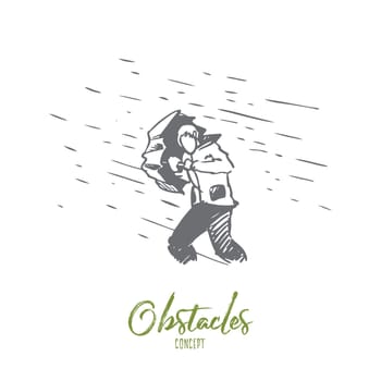 Obstacles, difficulties, problems concept. Hand drawn man with umbrella and rain as symbol of difficulties concept sketch. Isolated vector illustration.