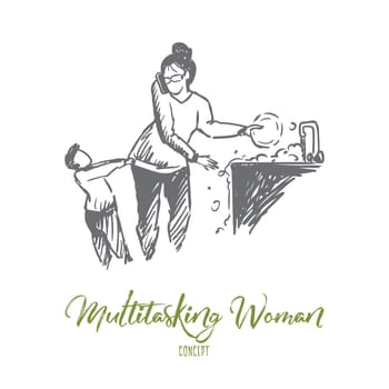 Multitasking woman concept. Hand drawn woman doing many home tasks while taking care of of little son isolated vector illustration. Isolated vector illustration.