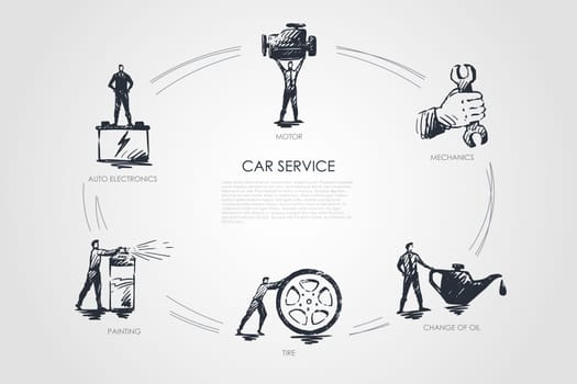 Car service - auto electronics, painting, tire, change of oil, mechanics, motor vector concept set. Hand drawn sketch isolated illustration
