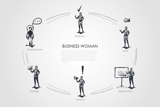 Business woman - consultation, trainig, manage, presentation, point, approval vector concept set. Hand drawn sketch isolated illustratiion
