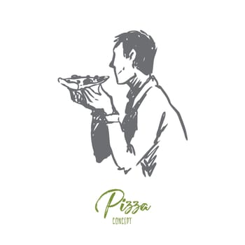 Pizza, food, man, snack concept. Hand drawn man eating slice of tasty pizza concept sketch. Isolated vector illustration.