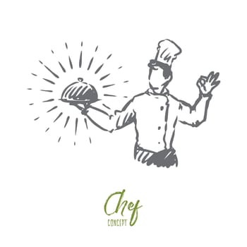 Chef, pot, meal, restaurant concept. Hand drawn chef in restaurant with pot of meal in hand concept sketch. Isolated vector illustration.