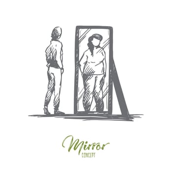 Girl, mirror, body, distorted, weight concept. Hand drawn unhappy teenage girl looks at mirror with distorted body image concept sketch. Isolated vector illustration.