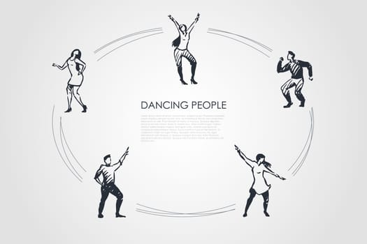 Dancing people - men and women in different dancing poses vector concept set. Hand drawn sketch isolated illustration