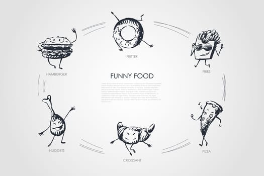 Funny food - hamburger, nuggets, croissant, pizza, fries, fritter vector concept set. Hand drawn sketch isolated illustration
