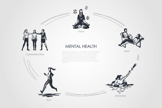 Mental health - communication, yoga, read, swimming, run vector concept set. Hand drawn sketch isolated illustration