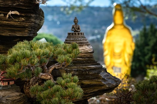 view of statues of a Buddhist temple