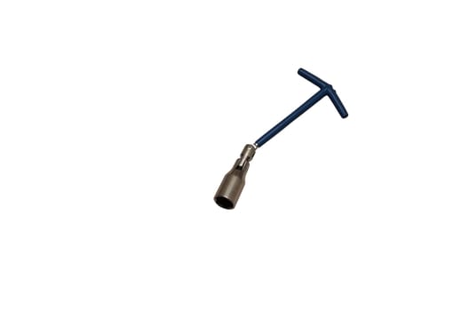 Spark plug wrench with blue handle on white background