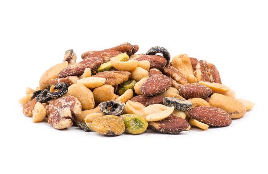 Mix of nuts and black olives isolated on a white background, spicy, salty food snack