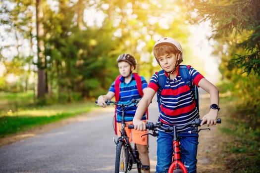 Teenagers on the bicycles at the asphalt road riding to the school. Concept of the healthy lifestyle, friendship, family transport and education.