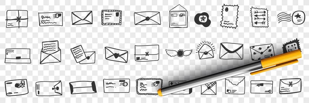 Envelopes with letters doodle set. Collection of hand drawn envelopes with stamps for delivering letters mail and post packages isolated on transparent background