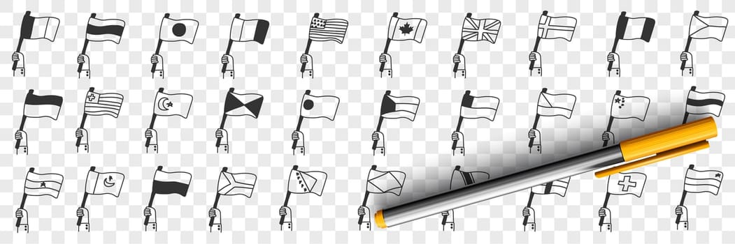 National Flags of countries doodle set. Collection of hand drawn flags of nationalities blowing on wind with hangers symbolising independence freedom of country isolated on transparent background