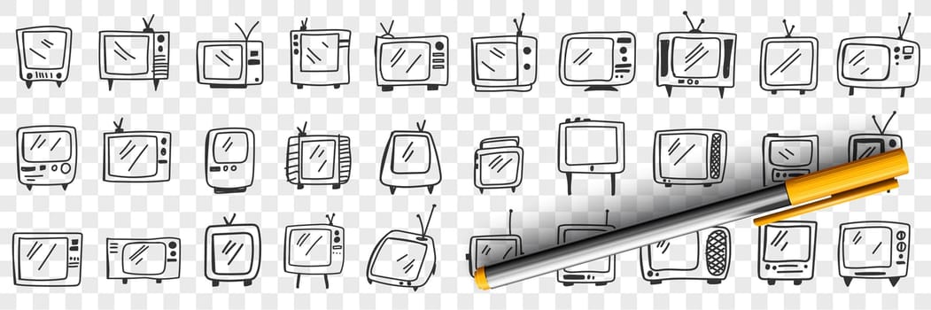 Old fashioned television set doodle set. Collection of hand drawn vintage retro styles television sets with antennas and buttons isolated on transparent background