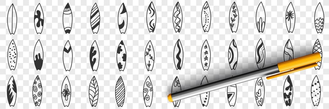 Surfboard and puddle board doodle set. Collection of hand drawn boards with various patterns for surfing and paddle boarding on water in summer sport equipment isolated on transparent background