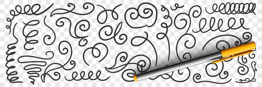 Ornate florid scribbles lines doodle set. Collection of hand drawn scribbles of various patterns waving lines geometrical shapes isolated on transparent background