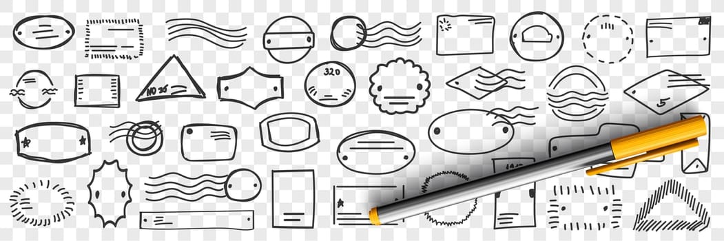 Stamps and letters doodle set. Collection of hand drawn stamps with index envelopes for delivering letters mail and post packages isolated on transparent background