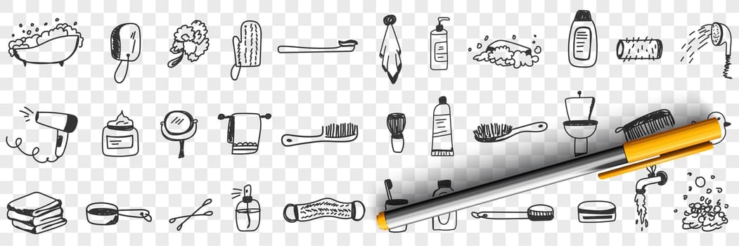 Cosmetics and tools for bath doodle set. Collection of hand drawn bathroom brush fan towel shampoo cream toothbrush toothpaste cosmetics shower for hygiene isolated on transparent background