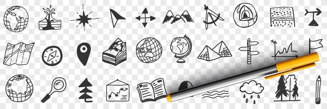 Navigation tools and equipment doodle set. Collection of hand drawn maps globes arrows compass orienteering on nature traveling tools magnet geotags navigator isolated on transparent background
