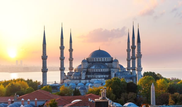 The Blue Mosque or Sultan Ahmet Mosque at sunset, Istanbul, Turkey.