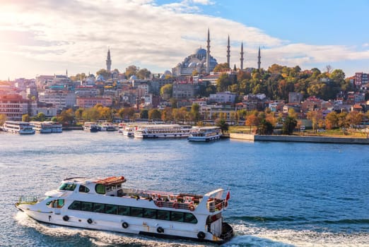 Ships in the Bosphorus, Eminonu pier and the Suleymaniye Mosque, Istanbul.