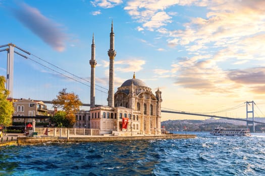 The Bosphorus Bridge and the Ortakoy Mosque at sunset, Istanbul.