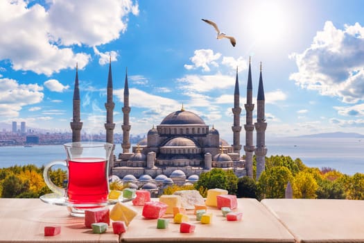 Istanbul turkish tea in front of the Blue Mosque, Turkey.