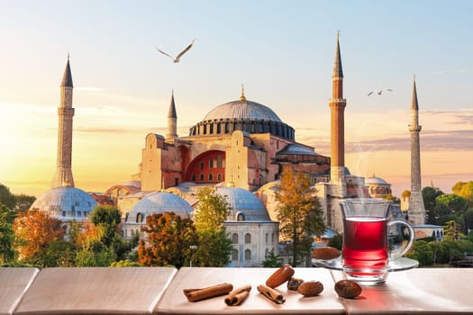 The Hagia Sophia Mosque and traditional turkish tea party nearby, Istanbul.