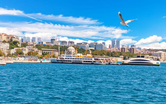 The Molla Celebi Mosque and the modern buildings on the coast of Istanbul.