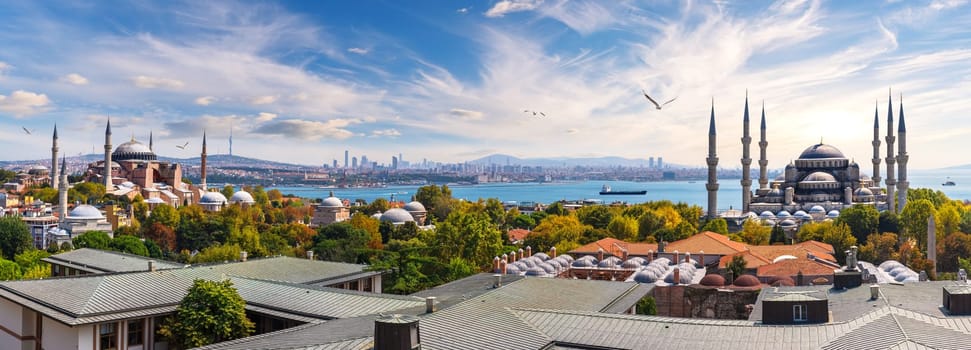 The Blue Mosque and Hagia Sophia, Istanbul panorama, Turkey.