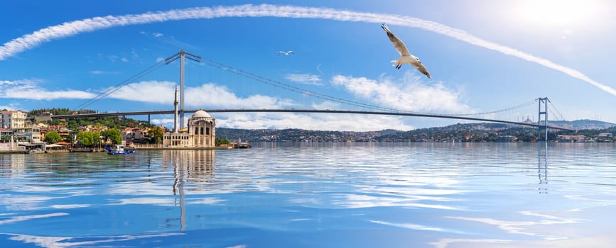 The Bosphorus Bridge and the Ortakoy Mosque behind, Istanbul.