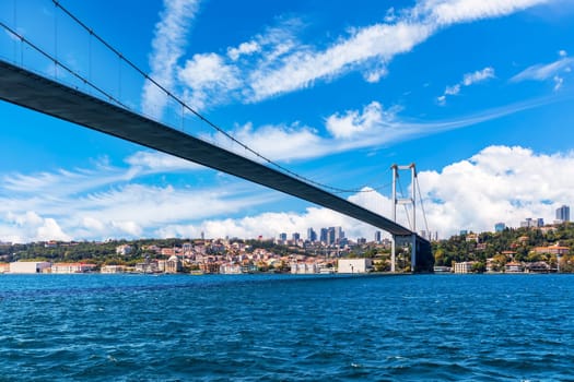 The Bosphorus Bridge or the 15 July Martyrs Bridge with Ortakoy Mosque on the background, Istanbul.