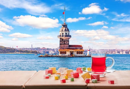 The Maiden's Tower in the Bosphorus and the Turkish tea, Istanbul.