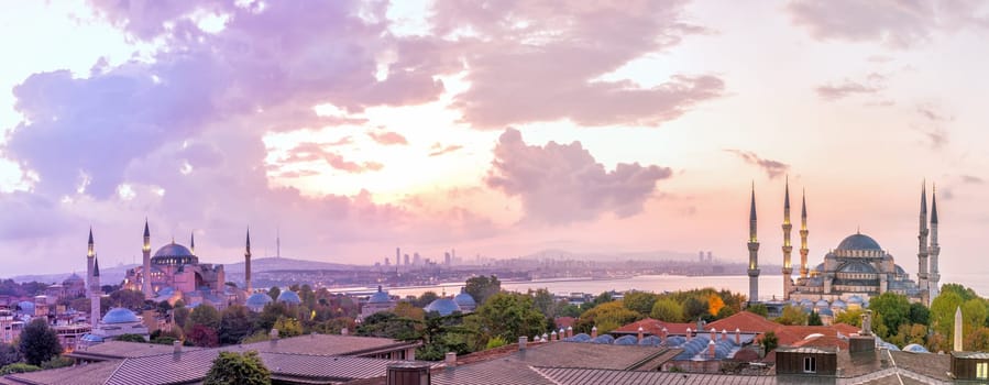 Blue Mosque and Hagia Sophia in the Istanbul panorama.