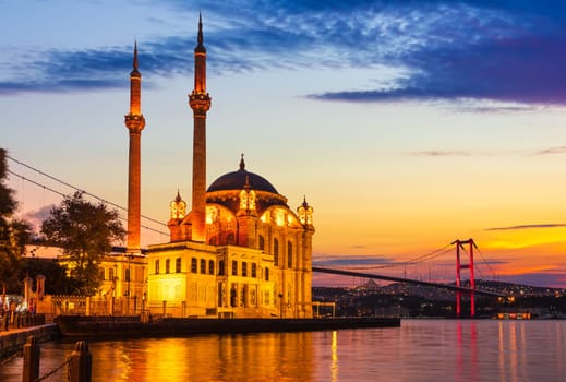 Ortakoy Mosque at sunrise near the Bosphorus bridge, Istanbul, Turkey.