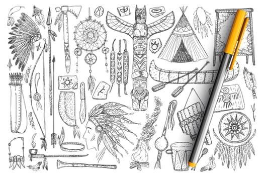 Accessories if Indians doodle set. Collection of hand drawn feathers, tools, musical instruments, boats, tools for hunting and cared symbols isolated on transparent background. Illustration of injun