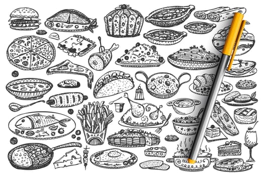 Food doodle set. Collection of hand drawn various different kind of meal dishes isolated on white background. Meat pizza fish and fast food hamburger or healthy vegetables fruits illustration.