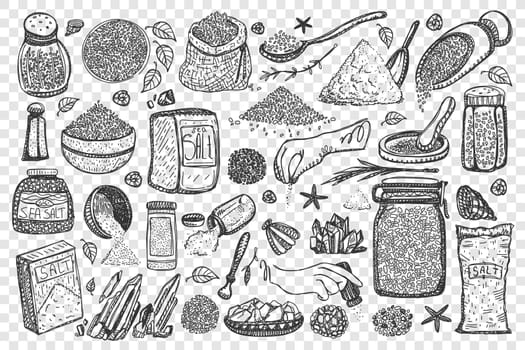 Salt doodle set. Collection of cooking spices sea salty condiments in containers and saltcellar boxes isolated on transparent background. Pepper shaker and granular supplements in kitchen illustration