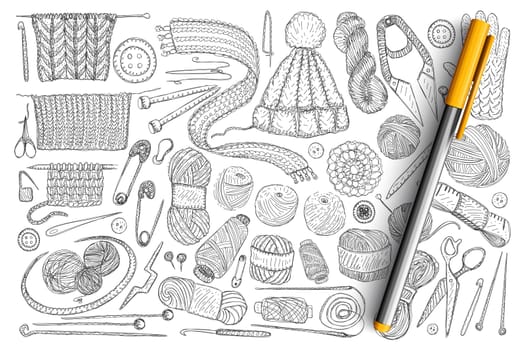 Elements for knitting doodle set. Collection of hand drawn wool, knitwear, needles, pins, measure tape and scissors for knitting isolated on transparent background. Illustration of creative hobby