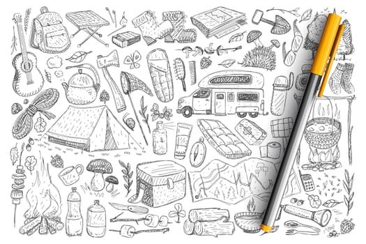 Accessory for camping doodle set. Collection of hand drawn tent, guitar, bonfire, truck, bbq, backpack, sleeping bag, axe, hot drinks for traveling hiking on nature isolated on transparent background