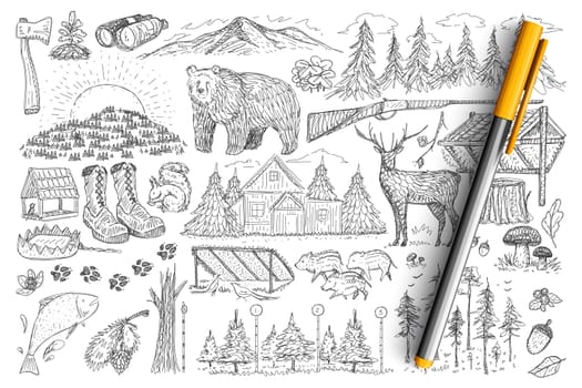 Accessories and tools of hunter doodle set. Collection of hand drawn gun, forest, binoculars, wild animals, house and footprints elements of hunting isolated on transparent background