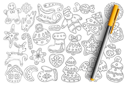 Christmas gingerbread and biscuits doodle set. Collection of hand drawn tasty homemade sweet biscuits in shapes of snowman, decorative ball, angel, santa claus isolated on transparent background