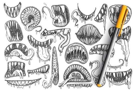 Spooky teeth and mouth doodle set. Collection of hand drawn scary mouth, teeth, tongue as snake or as tattoos isolated on transparent background