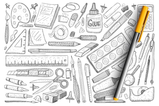 Objects for creative hobby doodle set. Collection of hand drawn glue, paper, collars, brush, scissors, ruler, compass, tools for drawing and creating with hands isolated on transparent background