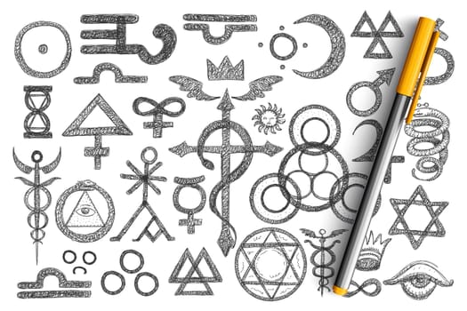 Various alchemical symbols doodle set. Collection of hand drawn barberry raspberry, arrowroot, chamomile, dog rose, aloe, adonis, cone linde other plants with names isolated on transparent background