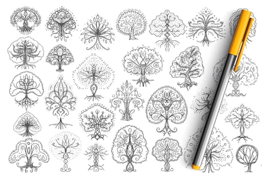 Trees elegant patterns doodle set. Collection of hand drawn trees with crowns and trunks drawn in elegant styles isolated on transparent background. Illustration of nature beauty concept
