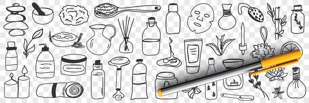 Beauty treatments and cosmetics doodle set. Collection of hand drawn massage oils scrubs masks brush creams towel candles perfume cosmetics for skin and body care isolated on transparent background